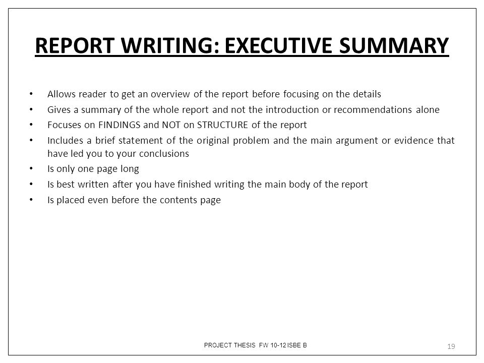 Summary report writing